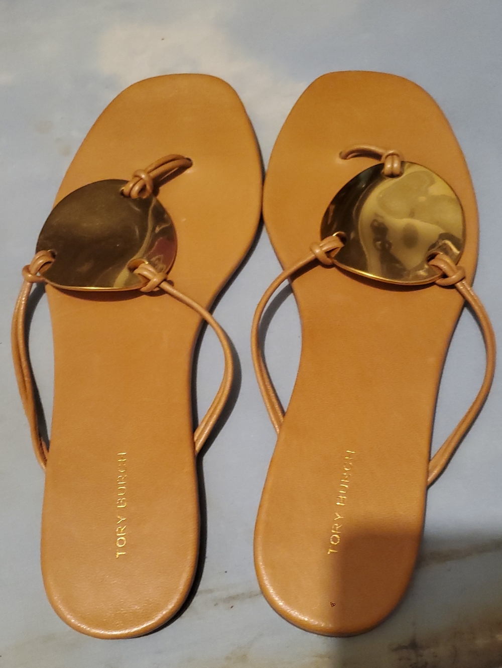 Tory Burch Cognac Leather Slide Sandals with Gold Medallion